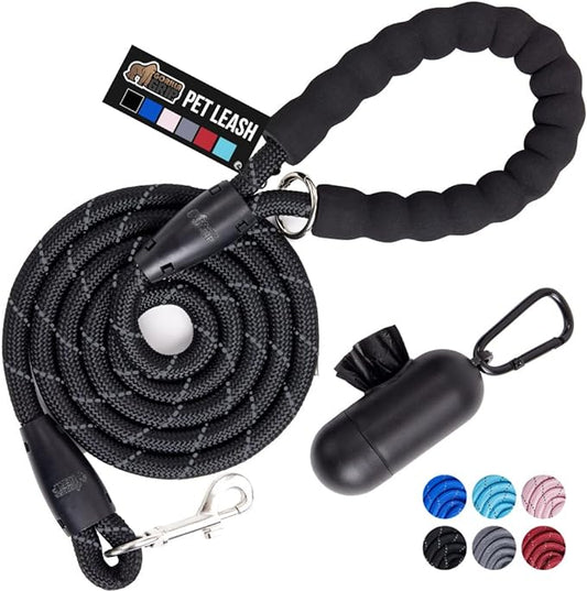 Gorilla Grip Dog Leash, Heavy Duty Reflective Rope Leashes for Large, Medium, Small Breed Dogs, Puppy Training Essential for Walks, Hikes, Soft Handle, Rotating Metal Clip, Waste Bag Dispenser, Black