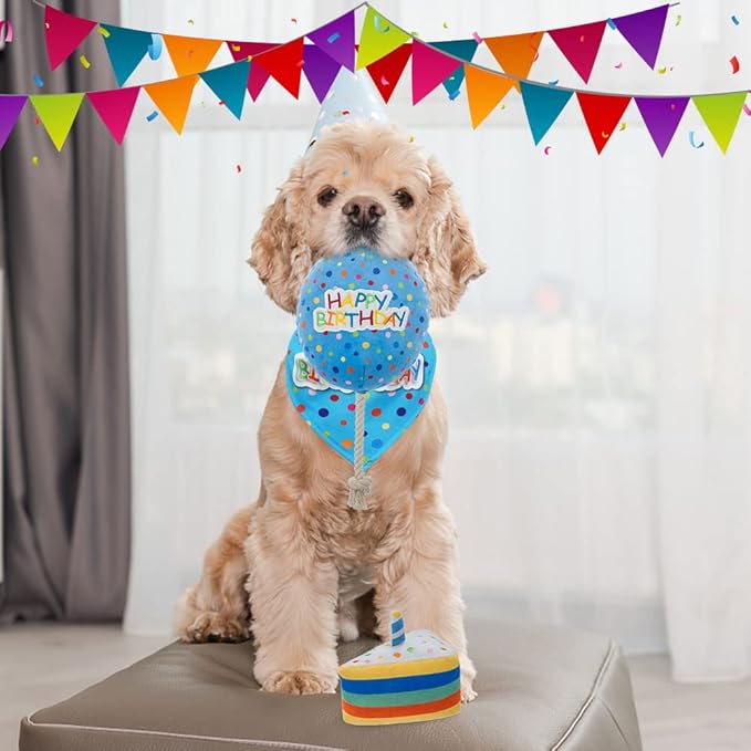 BINGPET Dog Birthday Bandana Set with Cake,Dog Birthday Cake and Balloon,Dog Birthday Party Supplies for Boys and Girls,Puppy Chew Toys Gift for Large and Extra Large Dogs Pets - Blue