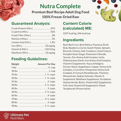 ULTIMATE PET NUTRITION Nutra Complete Raw Freeze Dried Dog Food, Veterinarian Formulated with Antioxidants, Prebiotics & Amino Acids (5 Ounce, Beef)