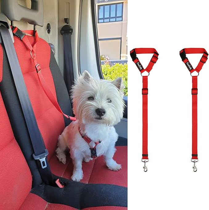 PawsPawty 2 Pack Headrest Dog Car Safety Seat Belt Adjustable Nylon Fabric Car Leash Vehicle Seatbelts Harness for Dogs 2-in-1 Leash and Restraint