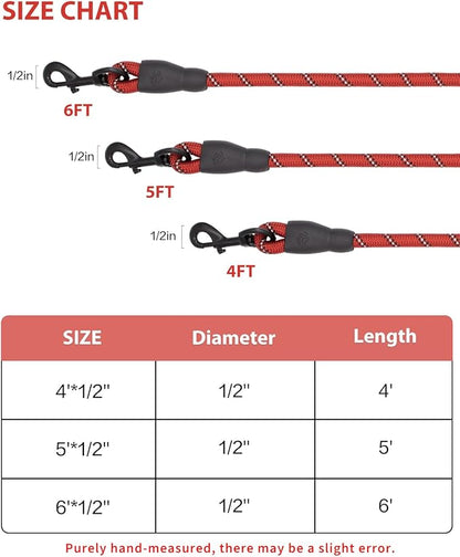 Dog Leash Heavy Duty 4/5/6FT Reflective 4'*1/2'', Red