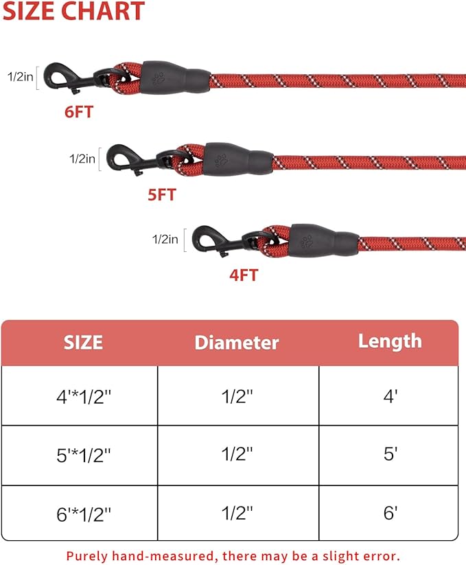 Dog Leash Heavy Duty 4/5/6FT Reflective 6'*1/2'', Red