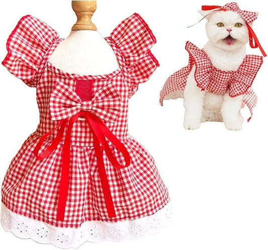 ANIAC Plaid Dog Dress with Leash Ring Girl Dog Clothes for Small Dog Bow Decor Red Cat Dress for Cat only Holiday Puppy Clothes for Chihuahua Yorkie Dachshund Pomeranian (X-Large