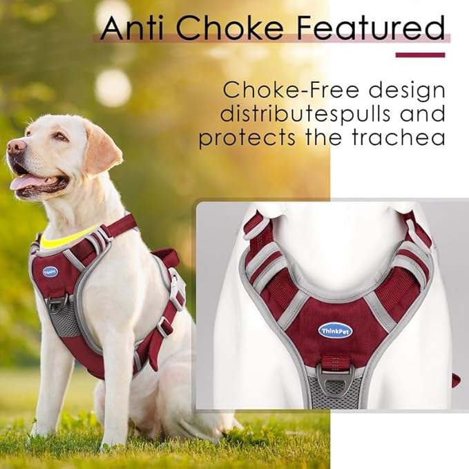 ThinkPet No Pull Harness Breathable Sport Harness with Handle-Dog Harnesses Reflective Adjustable for Medium Large Dogs,Back/Front Clip for Easy Control XL Dark Red