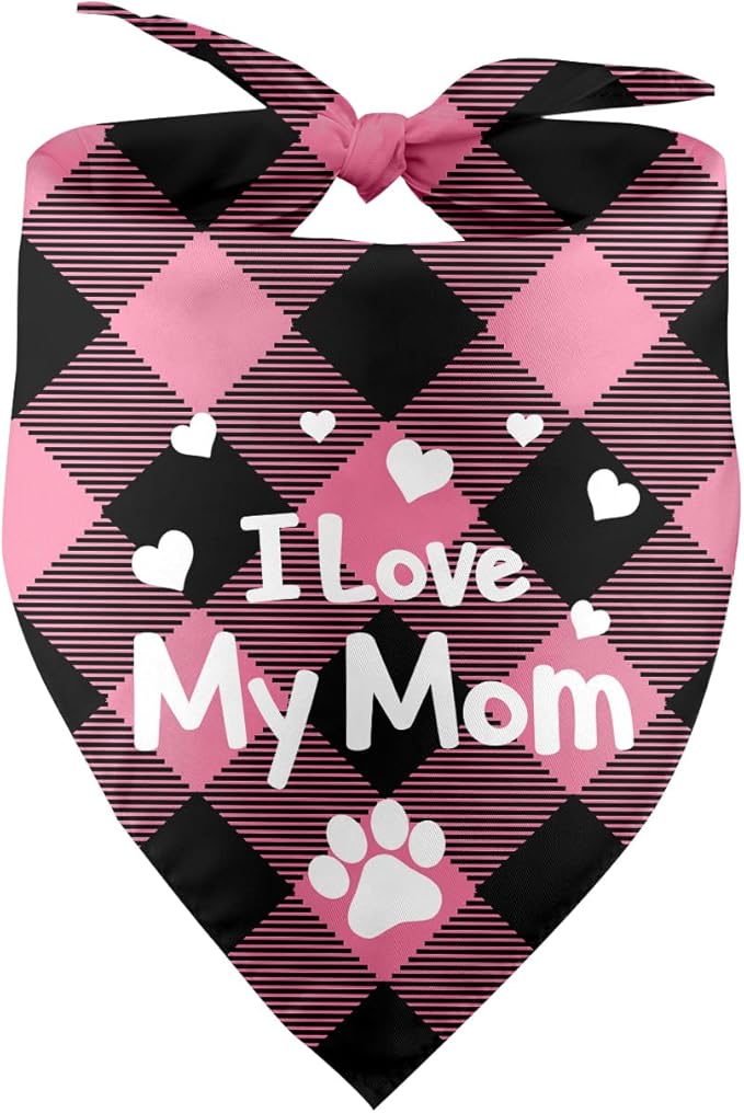 I Love My Mom Mothers Day Dog Bandana Mom Birthday Puppy Bandana Funny Dog Bandana Pink Plaid Dog Bandana Pet Accessories for Dog Lover Dog Mama