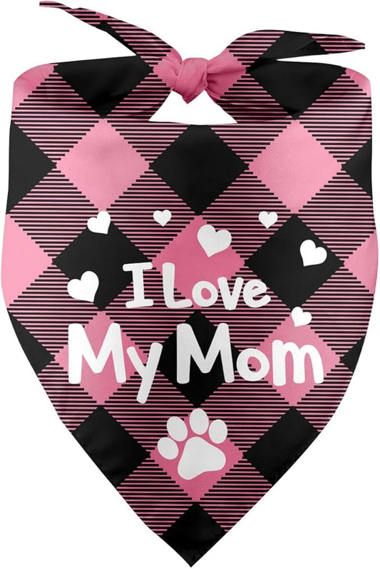 I Love My Mom Mothers Day Dog Bandana Mom Birthday Puppy Bandana Funny Dog Bandana Pink Plaid Dog Bandana Pet Accessories for Dog Lover Dog Mama