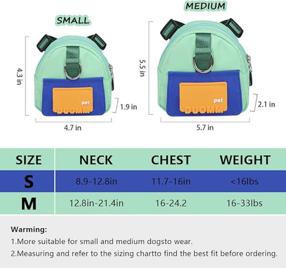 Dog Backpack Harness with Leash,Cute Pet Puppy Backpacks Bulid-in Dog Poop Bag Dispenser,Adjustable Pets Self Carrier Bag for Small Medium Dogs Travel Hiking Daily Walking(S, Green)