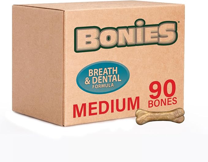 Bonies Natural Breath and Dental Formula Medium-Sized Single Bone - All-Natural Ingredients, Fresh Breath, Cleans Teeth, Low Calories, Chicken Flavor, [Medium Dogs], 90 Bones