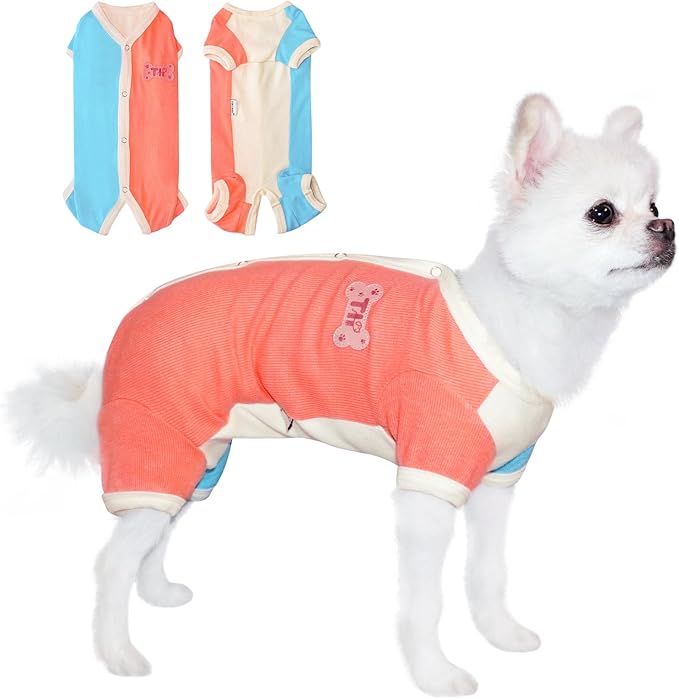 TONY HOBY Dog Pajamas, Female Dog Thermal Pajamas, Fashion Clashing Color Pet Clothes for Small Medium Dog (Blue&Orange, Girl, XS)