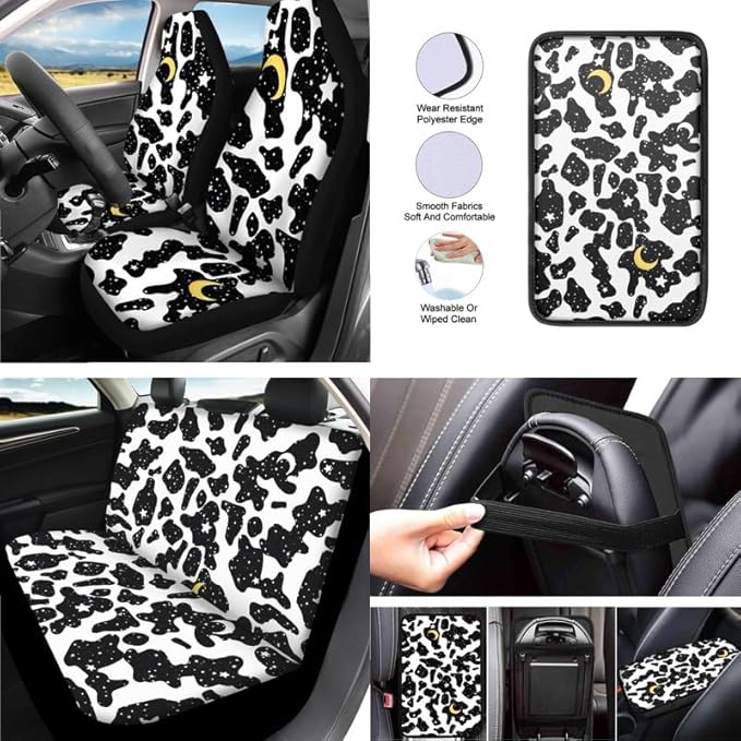 Polka Dot Moon Stars Car Seat Covers Set for Women Men Seat Belt Strap Cover