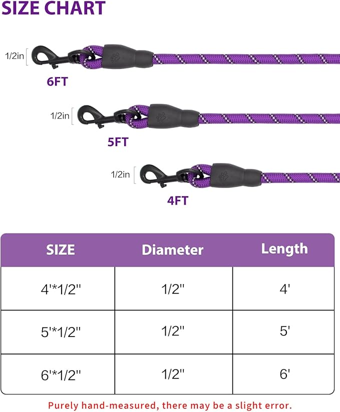 Dog Leash Heavy Duty 4/5/6FT Reflective 4'*1/2'', Purple