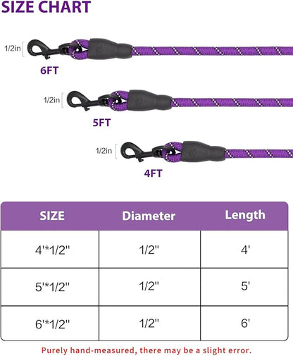 Dog Leash Heavy Duty 4/5/6FT Reflective 5'*1/2'', Purple