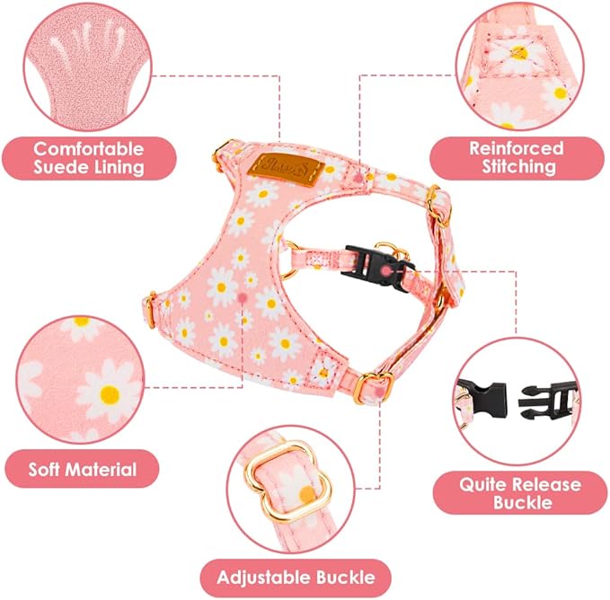 SlowTon No Pull Dog Harness with Leash - Soft Lightweight Floral Pattern Puppy Harness, Adjustable Pet Harness for Small Medium Dogs (Pink Daisy S)