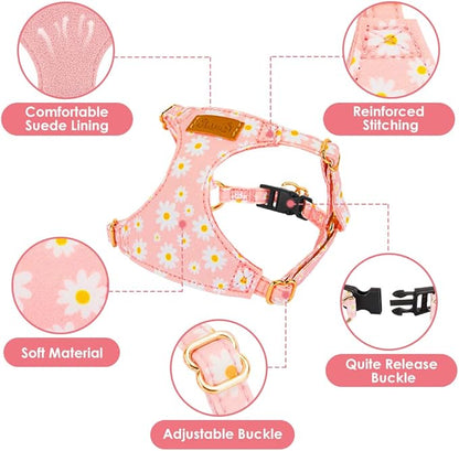 SlowTon No Pull Dog Harness with Leash - Soft Lightweight Floral Pattern Puppy Harness, Adjustable Pet Harness for Small Medium Dogs (Pink Daisy S)