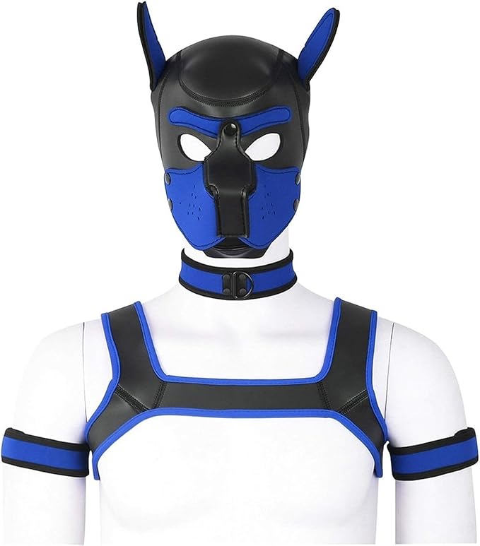 4 Sets Neoprene Puppy Hood Animal Head Mask Novelty Costume Dog (Hood Mask + Collar + Armband + Harness) (Large, Blue)