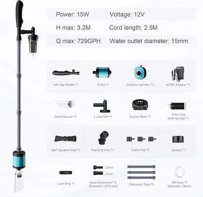 Electric Aquarium Vacuum Gravel Cleaner 729GPH /15W 6 in 1 Upgraded