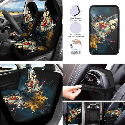 3D Splashing Butterfly 13 PCS Car Seat Cover Artistic Morpho Full Set Front Back Seat Covers Butterflies Art Steering Wheel Cover