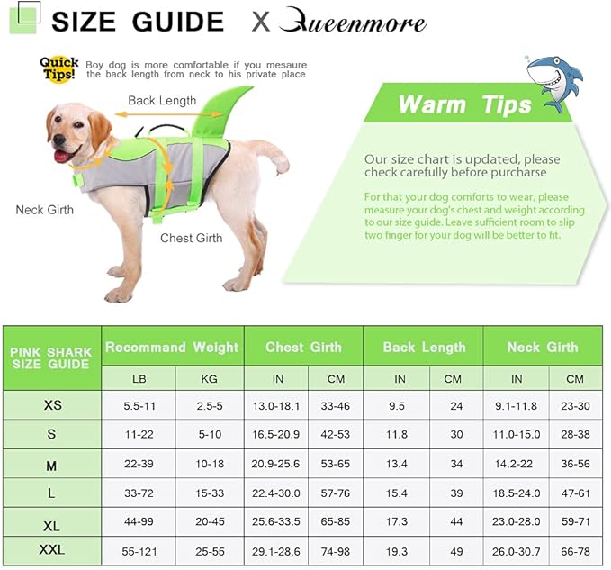 Queenmore Dog Life Jacket Ripstop Shark Dog Safety Vest Adjustable Preserver with High Buoyancy and Durable Rescue Handle for Small