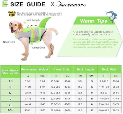 Queenmore Dog Life Jacket Ripstop Shark Dog Safety Vest Adjustable Preserver with High Buoyancy and Durable Rescue Handle for Small