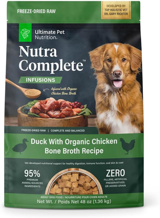 ULTIMATE PET NUTRITION Nutra Complete Bone Broth Infusions, 100% Freeze Dried Veterinarian Formulated Raw Dog Food with Antioxidants Prebiotics and Amino Acids, (3 Pound, Bone Broth Duck)