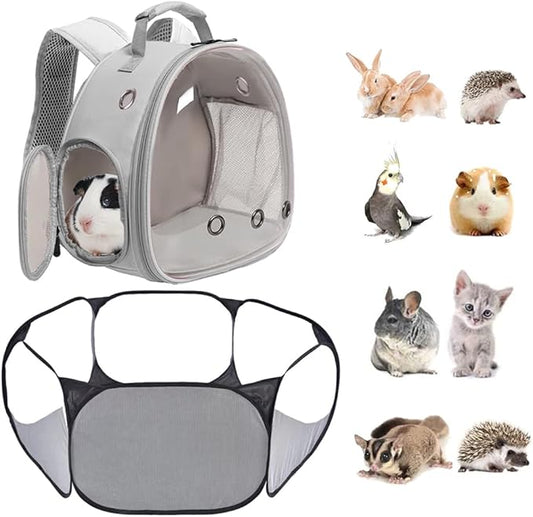 2-Pack Guinea Pig Carrier Backpack and Playpen Set - Breathable Pet Playpen Pop Open Outdoor/Indoor Exercise Fence, Portable Small Animal Backpack for Bearded Dragon, Rabbits, Hamster, Chinchillas