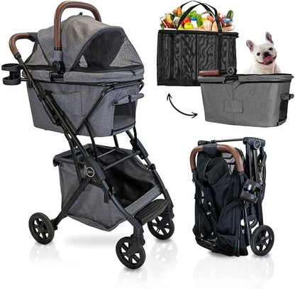 Pet Stroller & Personal Folding Shopping Cart On Premium Wheels – Lightweight Aluminum Frame – Removable Bassinet