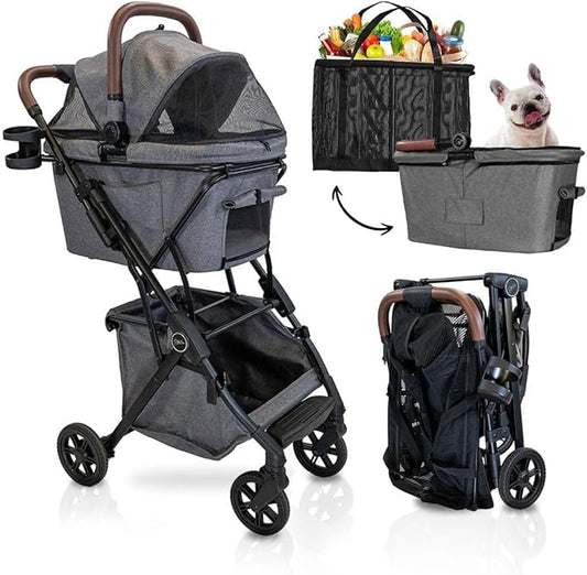 Pet Stroller & Personal Folding Shopping Cart On Premium Wheels – Lightweight Aluminum Frame – Removable Bassinet