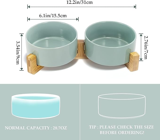 SPUNKYJUNKY Ceramic Dog and Cat Bowl Set with Wooden Stand, Modern Cute Weighted Food Water Set for Small Size Dogs (13.5OZ) & Medium Sized Dogs (28.7OZ) & Cats (3.6 Cups, 2 × Morandi Green)