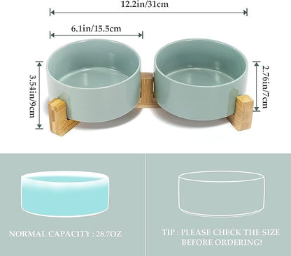 SPUNKYJUNKY Ceramic Dog and Cat Bowl Set with Wooden Stand, Modern Cute Weighted Food Water Set for Small Size Dogs (13.5OZ) & Medium Sized Dogs (28.7OZ) & Cats (3.6 Cups, 2 × Morandi Green)