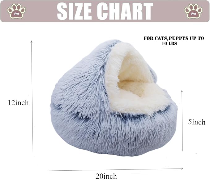 Calming Round Dog Beds &Cat Cave Bed with Hooded Cover 20x20inch)