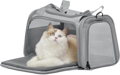 PETSFIT Cat Carrier, Pet Carrier Airline Approved, Soft Carrier for Small and Medium Cats Under 12 Lbs, Soft Cat Travel Carrier, Kitten Carrier with Extendable Mat, Grey