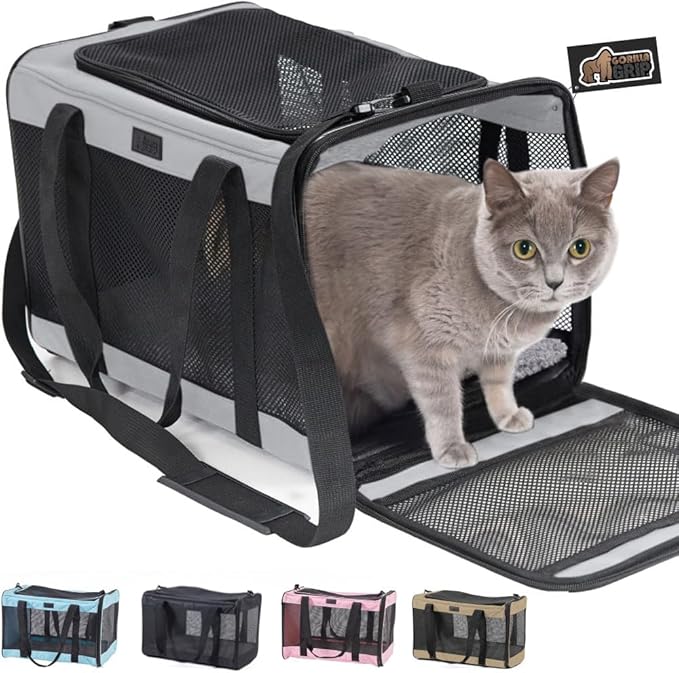 Gorilla Grip Airline Travel Cat Carrier Bag Up to 15 Lbs, Breathable Mesh Collapsible Pet Carriers for Small, Medium Cats, Small Dogs, Puppies, Portable Kennel with Soft Washable Waterproof Pad Gray