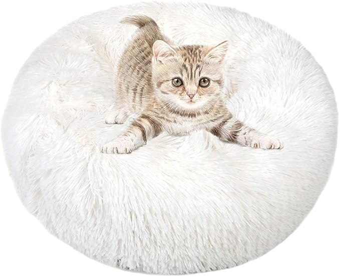 otoez Kitten Puppy Bed Extra Small XS Round Dog Cat Beds Anti Anxiety Plush Pet Calming Donut Bed with Non-Slip Waterproof Bottom (15.7", White)