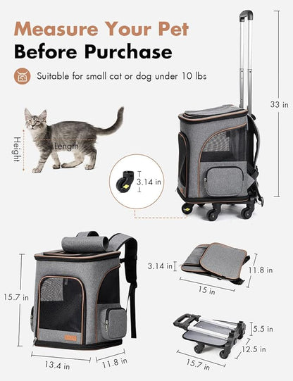 Lekereise Dog Backpack with Wheels for Small Cats and Dogs, Rolling Cat Backpack Wheeled Pet Carrier Backpack for Travel/Walk to The Vet, Deep Grey