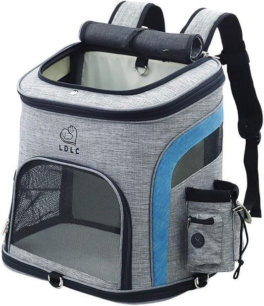 Pet Carrier Backpack for Small Cats and Dog,Breathable Mesh Puppies/Ventilated Design,Two-Sided Entry,Pet Bag for Hiking Travel Camping Outdoor Hold Pets (L, Grey and Blue)