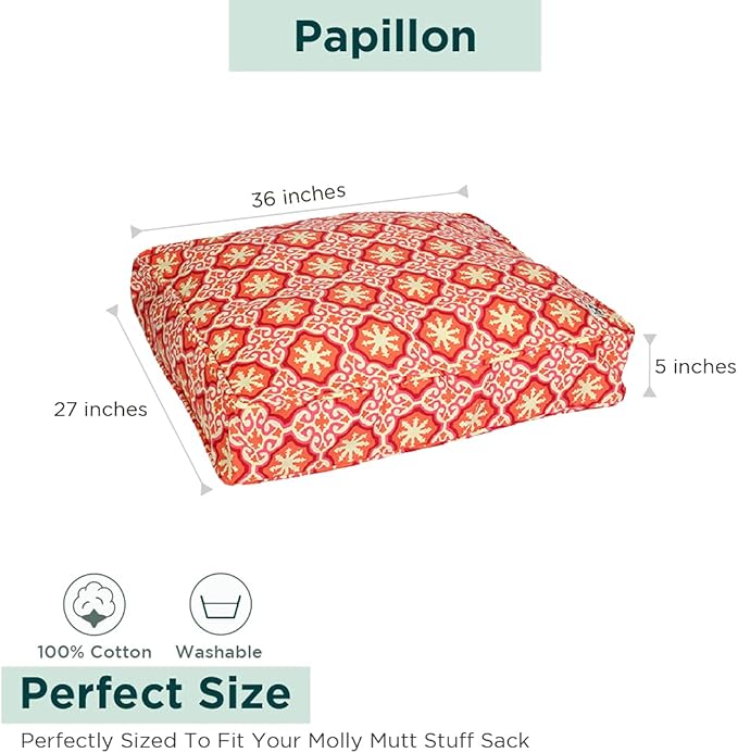 Molly Mutt Medium to Large Dog Bed Cover - Papillon Print - Measures 27”x36”x5’’ - 100% Cotton - Durable - Breathable - Sustainable - Machine Washable Dog Bed Cover