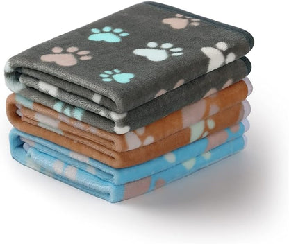 Luciphia 1 Pack 3 Blankets Fluffy Premium Fleece Pet Blanket Flannel Paw Printed Throw for Dog Cat(Medium 30x20'', Grey/Brown/Blue)