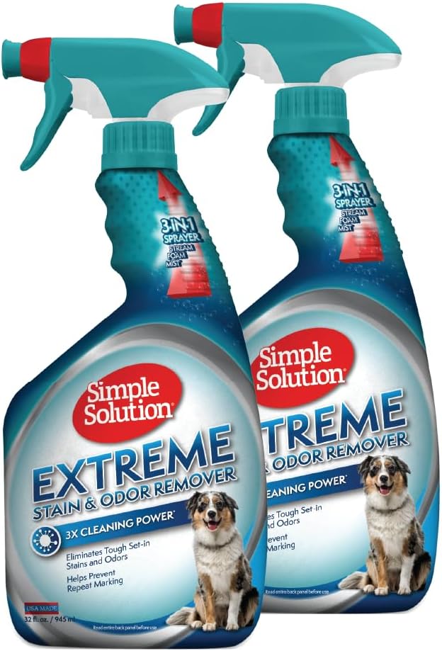 Simple Solution Extreme Pet Stain and Odor Eliminator Spray for Dogs & Cats, Enzyme Cleaner With 3X Pro-Bacteria Cleaning Power- Strong Urine Pee & Poop Carpet & Floor Stain Remover, 32 oz (Pack of 2)