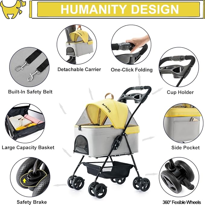 3 in 1 Pet Stroller for Small Dogs and Cats 4 Wheels