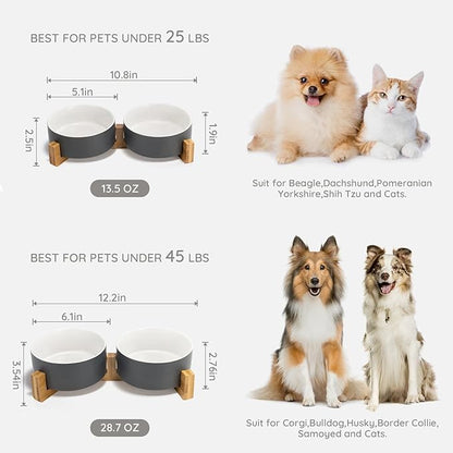 SPUNKYJUNKY Ceramic Dog and Cat Bowl Set with Wooden Stand, Modern Cute Weighted Food Water Set for Small Size Dogs (13.5OZ) & Medium Sized Dogs (28.7OZ) & Cats (1.7 Cups, 2 × White-Grey)