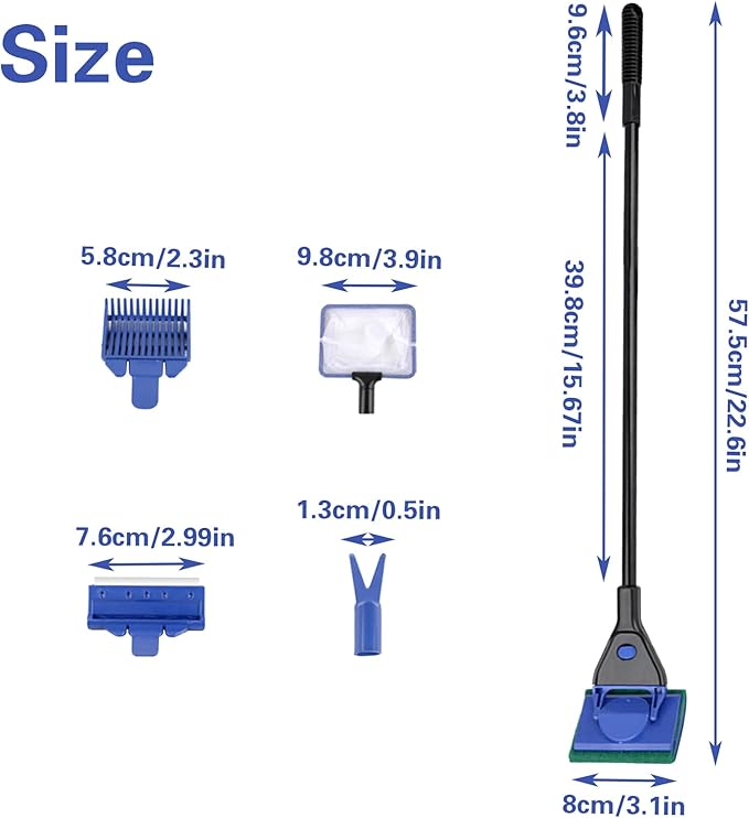 Aquarium Fish Tank Cleaning Kit Tools, Fish Tank Cleaning Kit with Long Handle, 5 in 1 Cleaning Set Includes Fish Net Algae Scraper Plant Fork Sponge Brush Gravel Rake