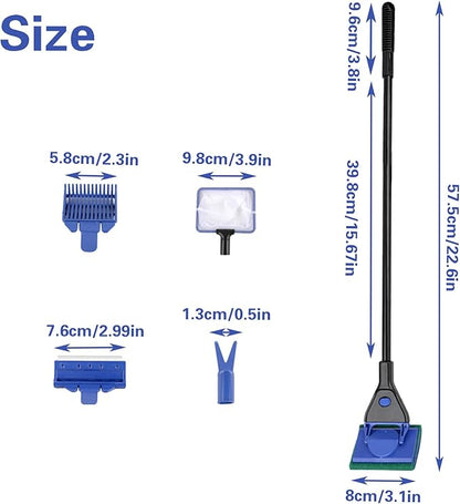 Aquarium Fish Tank Cleaning Kit Tools, Fish Tank Cleaning Kit with Long Handle, 5 in 1 Cleaning Set Includes Fish Net Algae Scraper Plant Fork Sponge Brush Gravel Rake