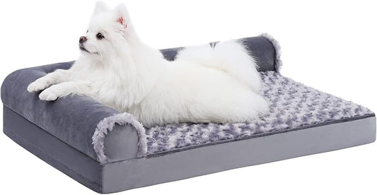 MIHIKK Orthopedic Pet Bed Deluxe Plush L-Shaped Couch with Waterproof Lining Bolster Sleeping Sofa with Removable Washable Cover & Nonskid Bottom for Small Dogs