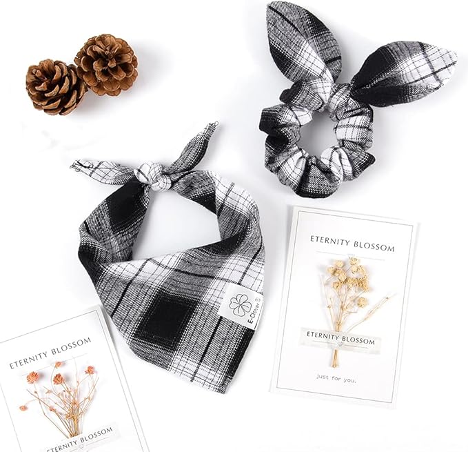 E-Clover Dog Bandanas & Matching Scrunchie Set Plaid