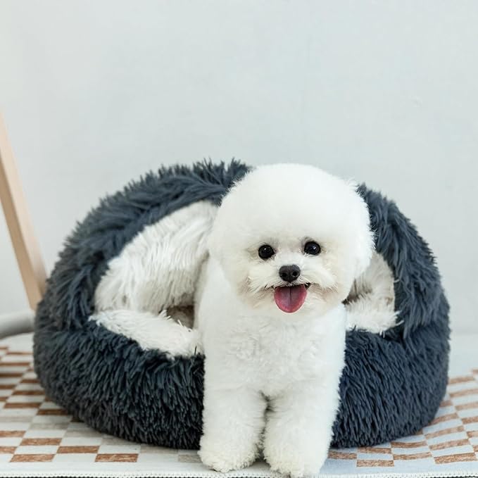 Cat Bed Round Fluffy Hooded Cat Bed Cave