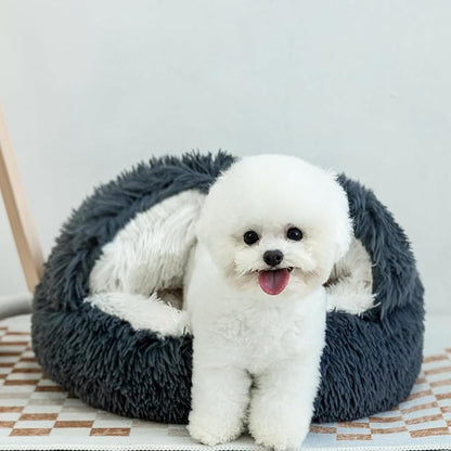 Cat Bed Round Fluffy Hooded Cat Bed Cave