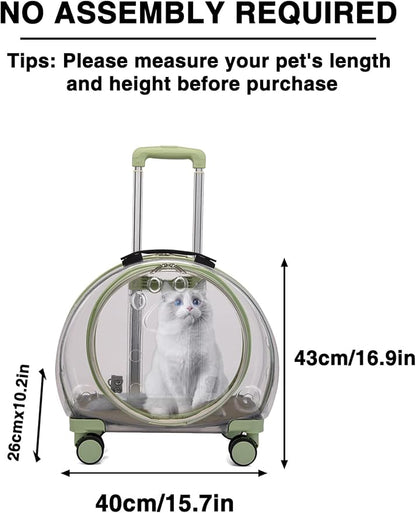 Cat Carrier with Wheels, Acrylic Rolling Cat Carrier, Retractable Pull Rods and Swivel Wheels, Comfortable and Breathable Pet Trolley Case Pet Carrier for Small Pets Kittens Dogs Rabbits(Light Green)