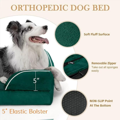 XL Orthopedic Dog Beds, Waterproof Dog Bed, Extra Large Dog Beds with Bolster, Washable Dog Bed Sofa Pet Bed with Removable Cover & Non-Slip Bottom(X-Large,Emerald)