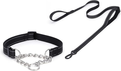 Martingale Dog Collar with Stainless Steel Chain and Leash Set 5FT Double