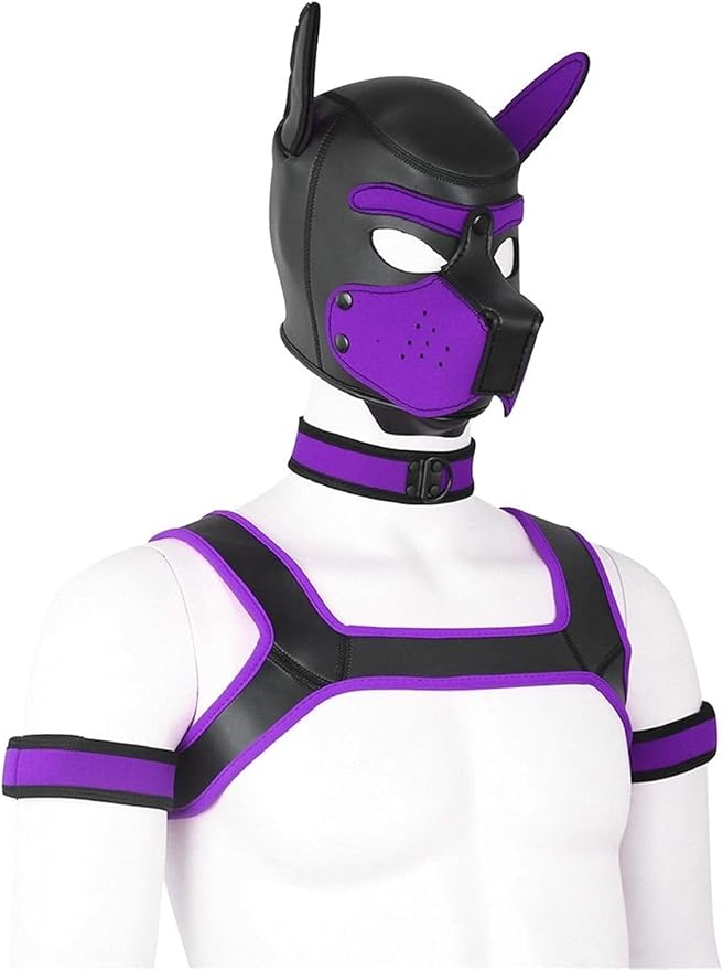 4 Sets Neoprene Puppy Hood Animal Head Mask Novelty Costume Dog (Hood Mask + Collar + Armband + Harness) (Large, Purple)